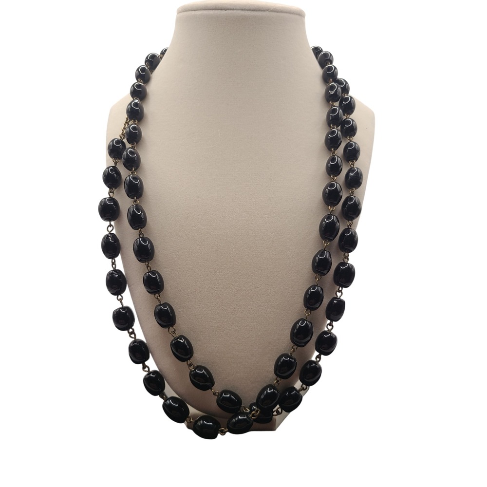 Vintage Black Multi Strand Necklace Antiqued Gold Tone Statement Beaded Chunky